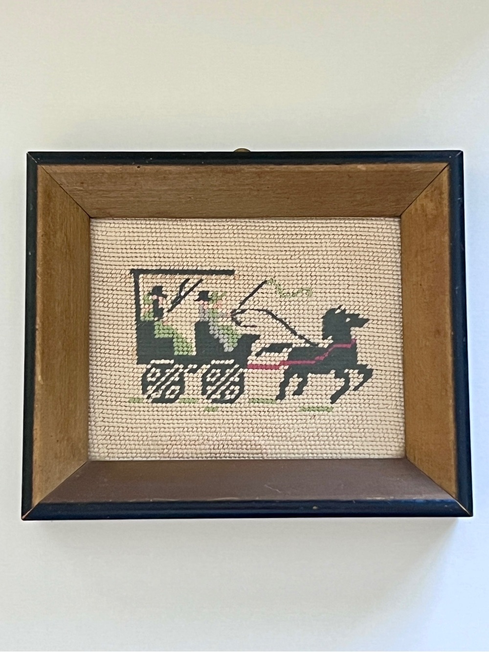 Vintage 50s Amish Needlepoint Horse-drawn Buggy or Carriage Framed Wall Art